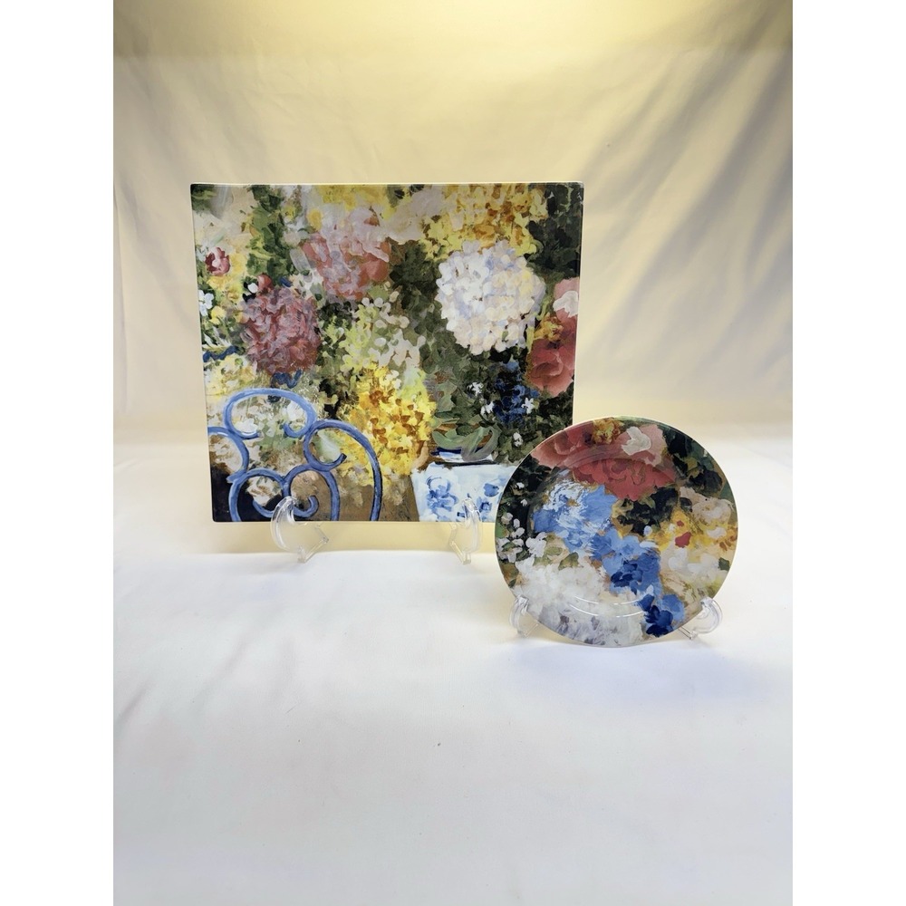 Faiencerie De Gien France Chaise Bleue Square Floral Serving &  Canapé Plate Set